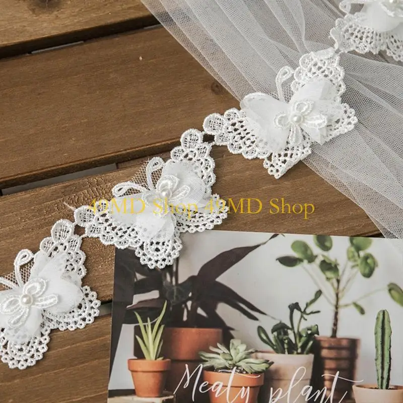 49MD 1 Yard Bowknot for Butterfly Embroidered Lace Trim Ribbon Imitation Pearl Beaded Applique DIY Sewing Craft Wedding Bridal