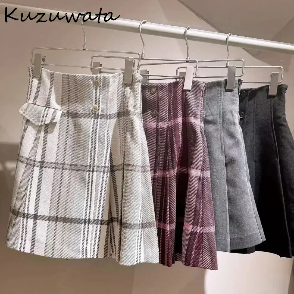 Kuzuwata 2024 Autumn Winter Japanese College Style Faldas Playful Sweet High Waisted Thick Slimming Pleated A-Line Skirt Pants