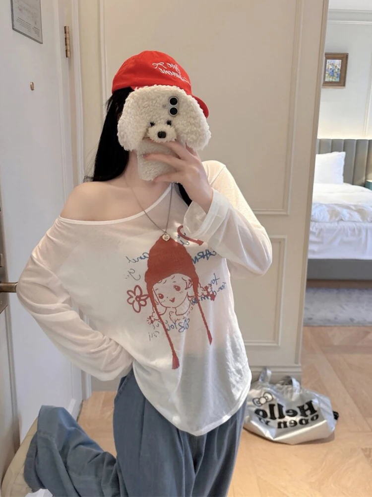 

Summer New Fashion Women's Long Sleeve T-Shirt Strap Vest Two-Way Wear Thin Print Casual Loose Fit Two-Piece Set