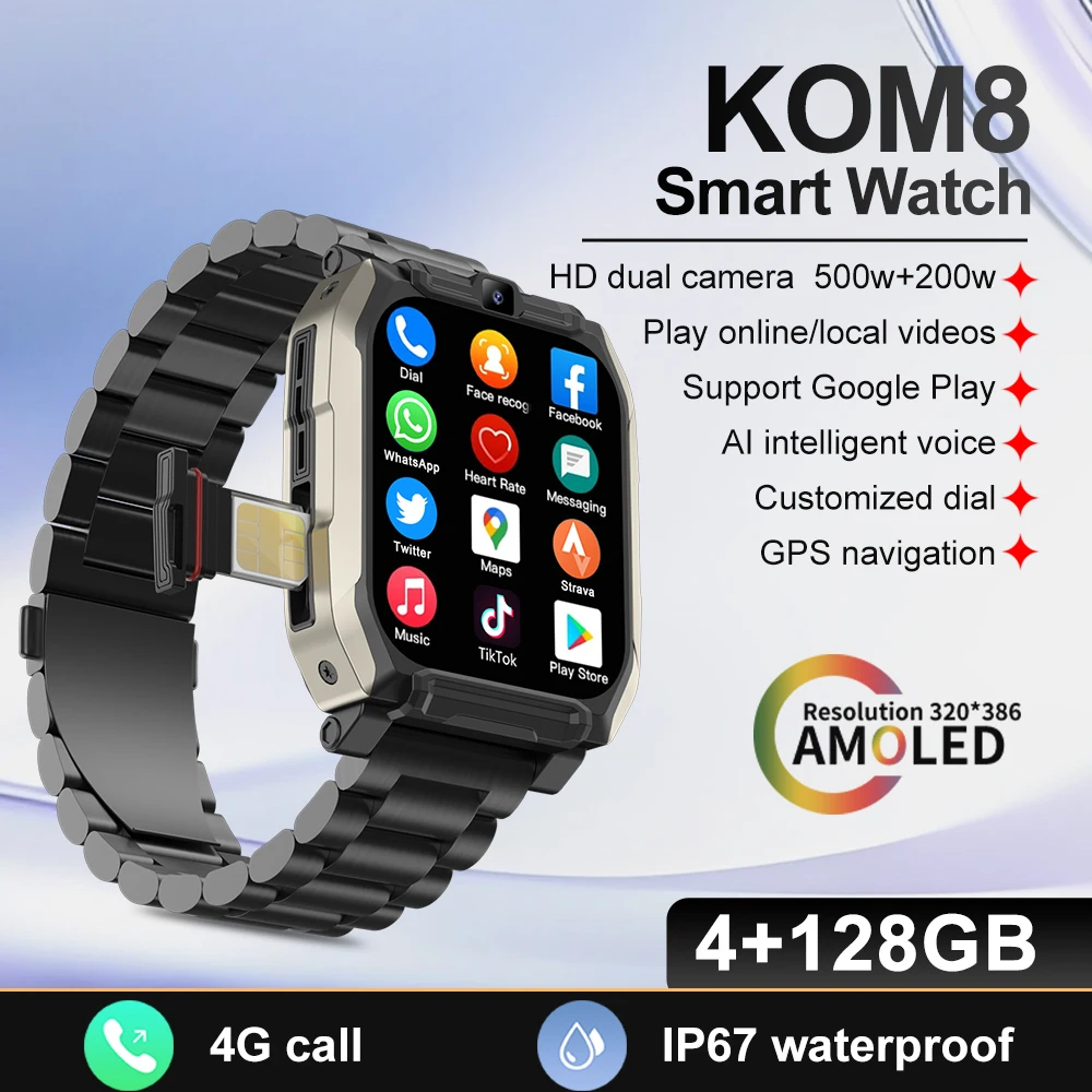 

XUESEVEN KOM8 4G LTE Smartwatch SIM Card Dual Camera WiFi GPS Heart Rate Monitor Google Play Face Recognition Men Sports Watch