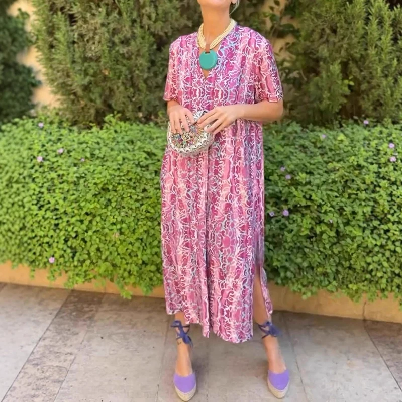 فستان بلوفرات بأكمام قصيرة مطبوع بنمط عتيق فستان صيفي جديد فضفاض برقبة على شكل حرف v فستان أنيق للسيدات غير رسمي للتنقل فستان طويل