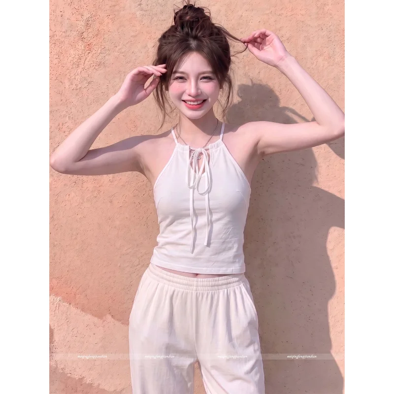 Sexy American Hot Girl Neck Hanging Strap Vest Women Summer Outdoor Wear Loose Atmosphere Knot Sleeveless Top Casual Style