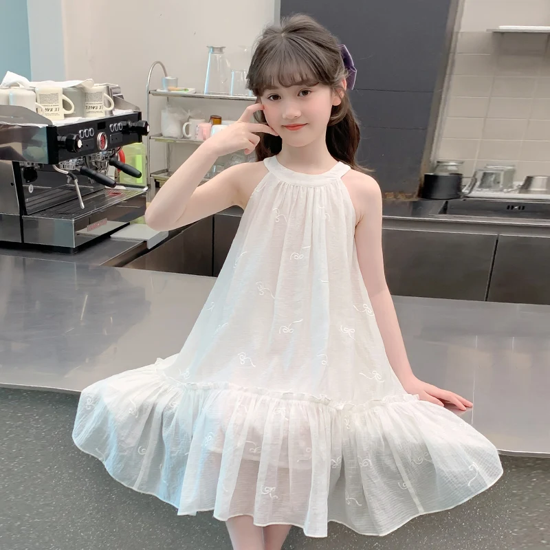 

Girls Sling Dress Kids Butterfly Halt Up Vest Sundress Children Ivory Color Causal Beach Holiday Clothing