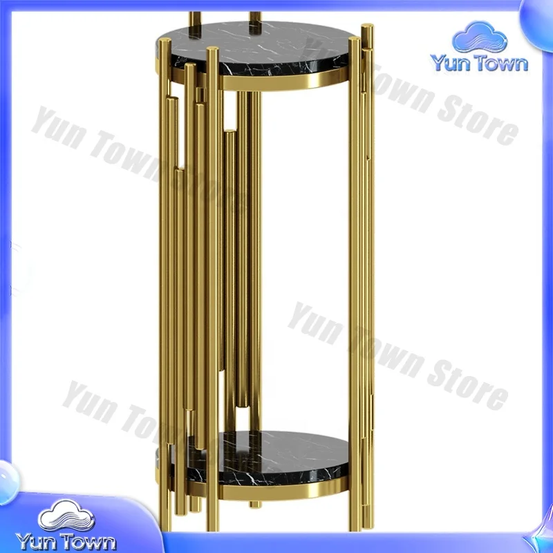 Iron Art Flower Pot Display Stand Metal Shelf Double Layer Marble Plant Flower Pot Display Stand Indoor