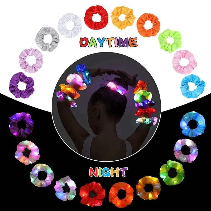 5-50Pcs LED Hair Scrunchie Light Up Hair Scrunchy for Women Satin Elastic Hairband Christmas Glow in the Dark Party Supplies