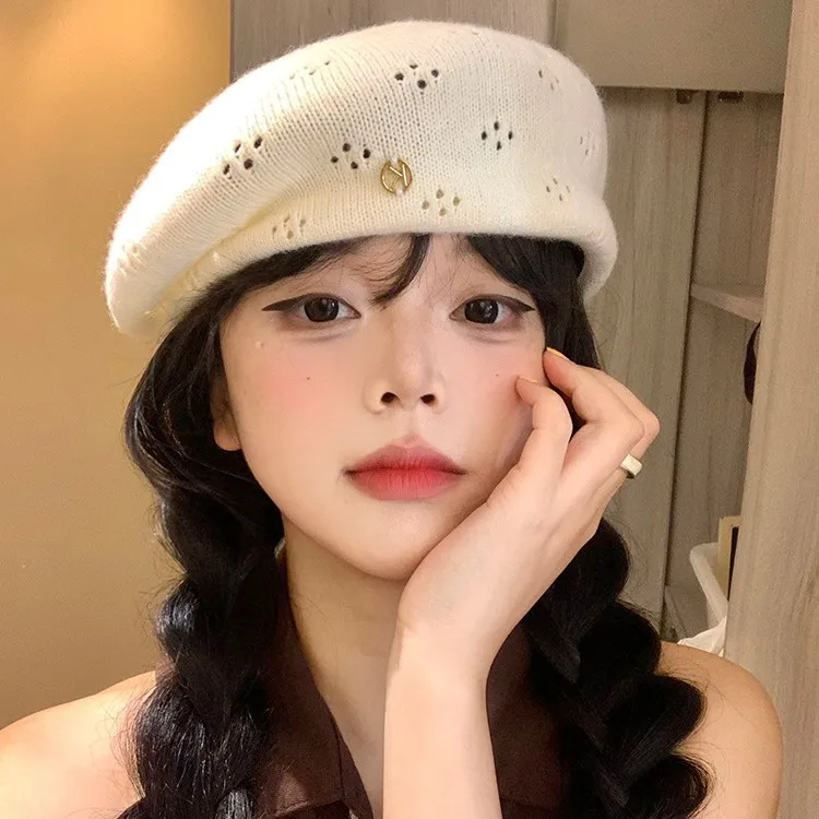 

2025Spring Autumn New! Korean Version Hollow Texture Solid - Color Thin Knitted Painter Hat - Simple, Versatile Beret for Women