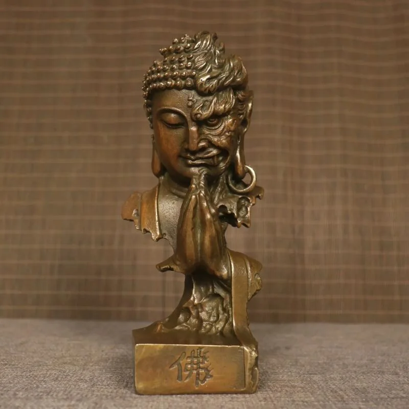 Zen Meditation Chinese Bronze Shakyamuni Buddha Devil Statue One Thought Between Buddha and Demon Collectible Home Decor Craft