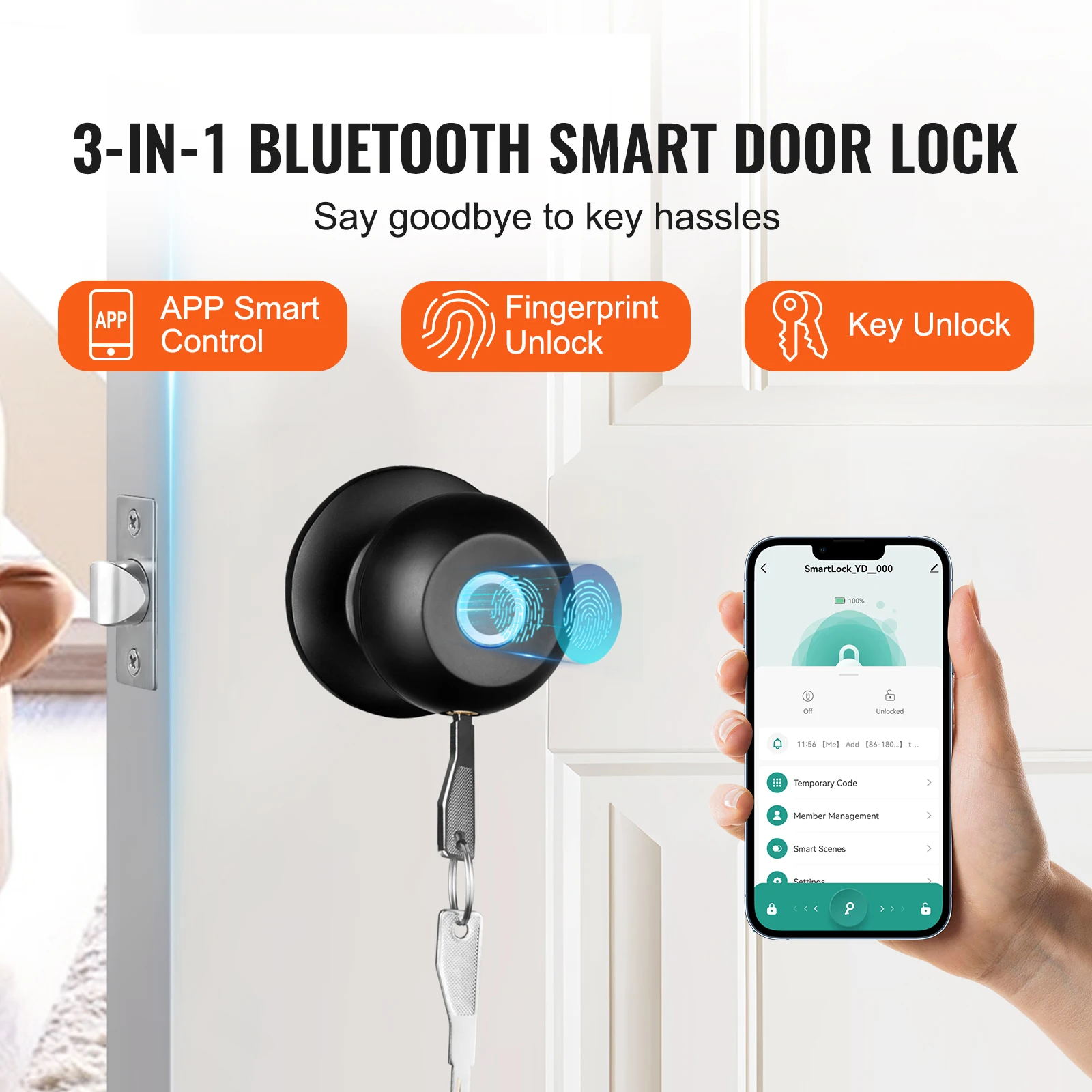 VEVOR Smart Door Knob Biometric Door Lock Bluetooth Smart Lock Fingerprint Smart Lock with APP Control Easy Installation Lock