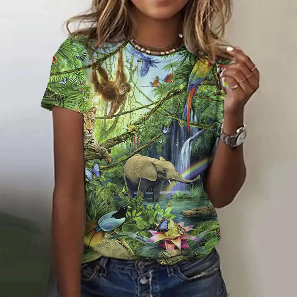 Blusa de moda de verano para mujer, camiseta con temática de animales salvajes en 3d, camisetas informales, Top de manga corta, ropa básica de gran