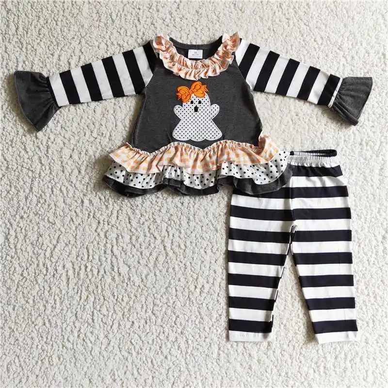 

2022 New Design Wholesale Low Moq Dark Stripes Cute Ghost Long Sleeve Shirt Stripes Print Pants Fashion Daily Wearing For Kids