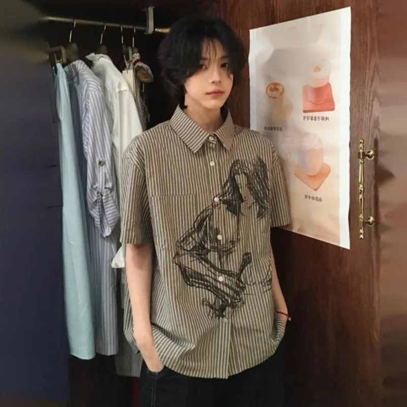 WVGA Spring Summer New Men's Striped Trendy Design Short Sleeve Shirt Niche Chic Casual Elegant Turn-Down Collar Tops Ins W23881