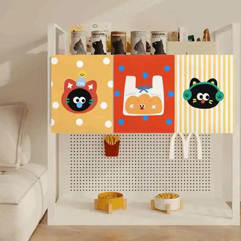 VIKAMA Polka Dot Black Cat Cartoon Single Valance Curtain Velcro Punch Free Storage Cabinet Kids Fabric Cover Curtain