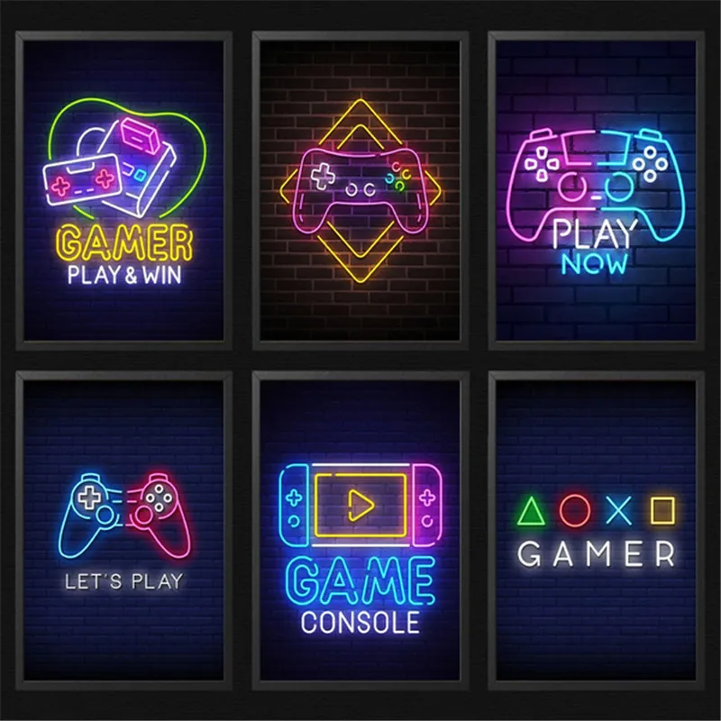 

Neon Video Game Icon Canvas Poster Brick Wall Street Style Gaming Room Decor Boy's Room Wall Art Gift for Boys Without Frame