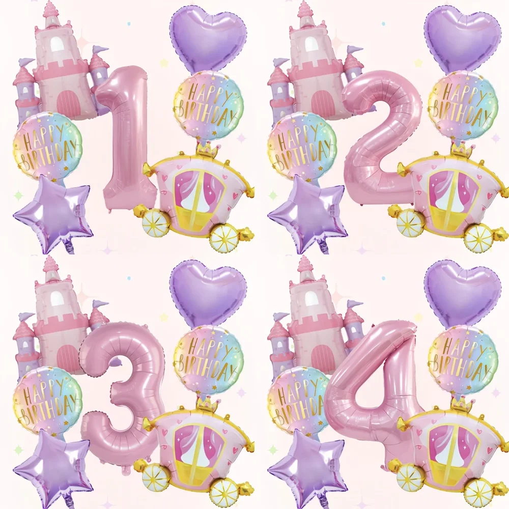 7-teiliges Prinzessinnen-Schloss-Kutschen-Geburtstagsballon-Set, Rosa Zahlenfolienballon-Kit für Mädchen-Baby-Shower-Party-Dekorationszubehör