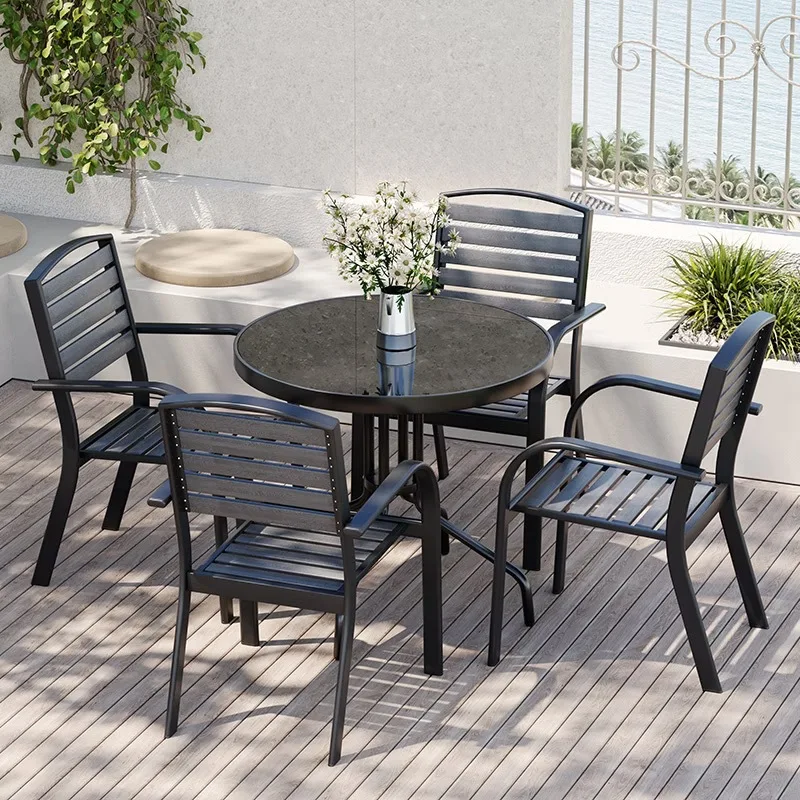 Outdoor plastic wood tables and chairs, courtyard anti-corrosion wood waterproof open-air coffee, outdoor balcony leisure garden