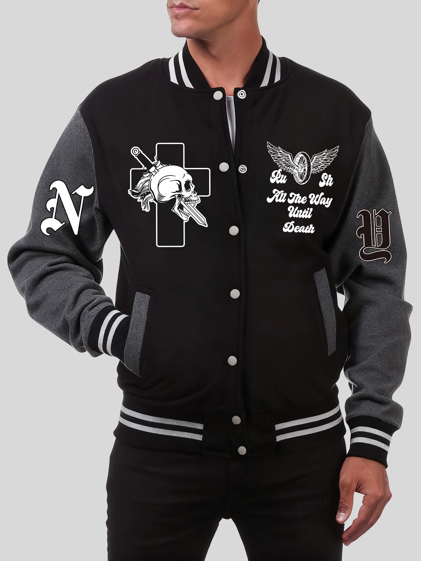

Tires With Wings And Skulls Printed Baseball Uniform Man Casual Loose Clothes Fleece Autumn Jacket American Vintage Sportswear