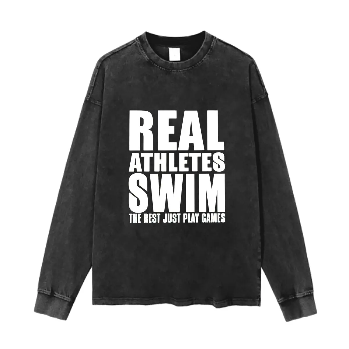 Real Athletes Swim Text Washed Vintage Long Sleeves Cotton Tee Shirt Solid O Collared For Men's And Women's