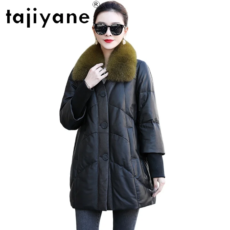 TAJIYANE جلد الغنم الحقيقي بطة أسفل معطف المرأة لوكس الثعلب الفراء طوق ملابس خارجية سترات من الجلد الحقيقي ملابس الشتاء امرأة 2025 كورت #1