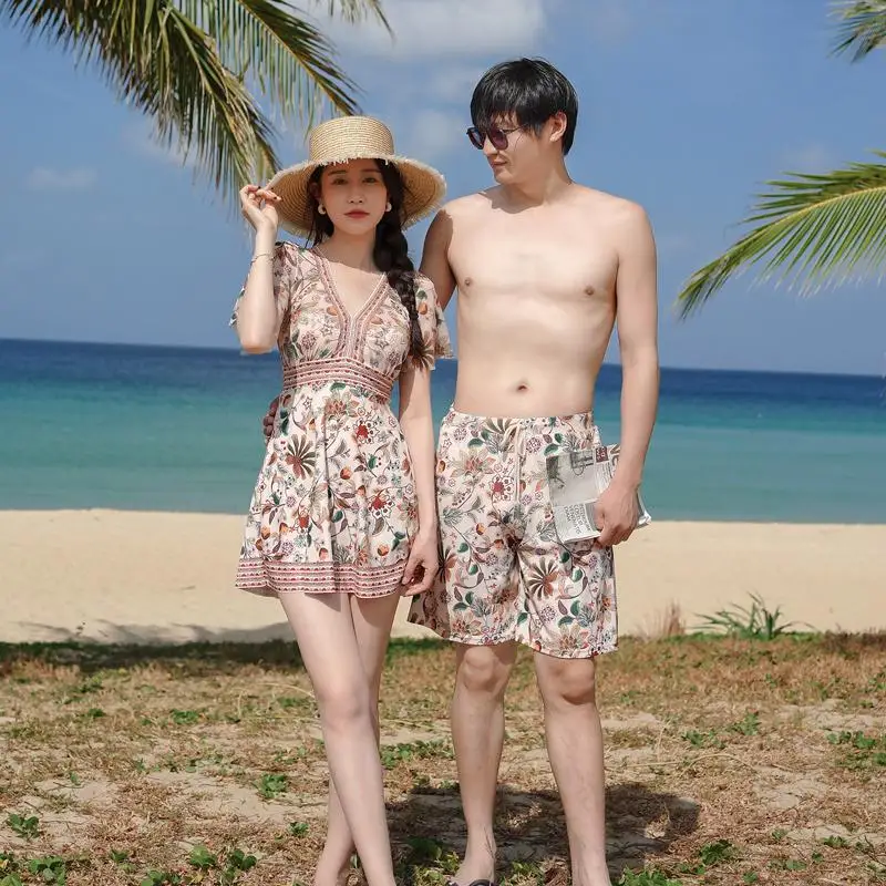 New Korean Couple Swimsuit Split Boxer Skirt Style Steel Support Small Chest Gathered Hot Spring Women Swimsuit Beach Pant