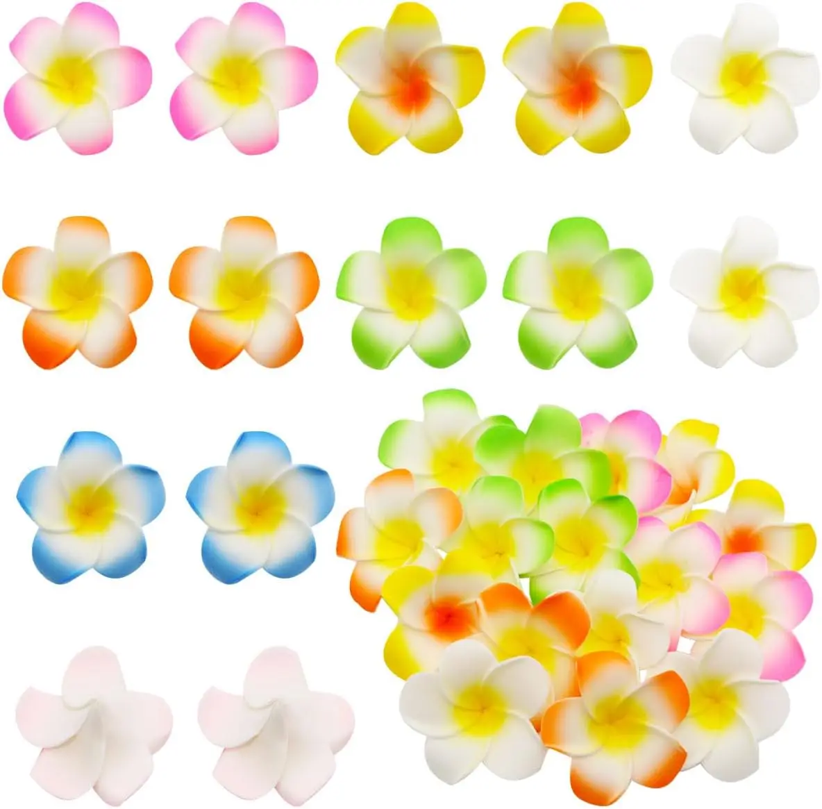 

100 Pcs Diameter 1.6 Inch Assorted Color Artificial Plumeria Rubra Hawaiian Foam Frangipani Flower Petals for Party Decoration