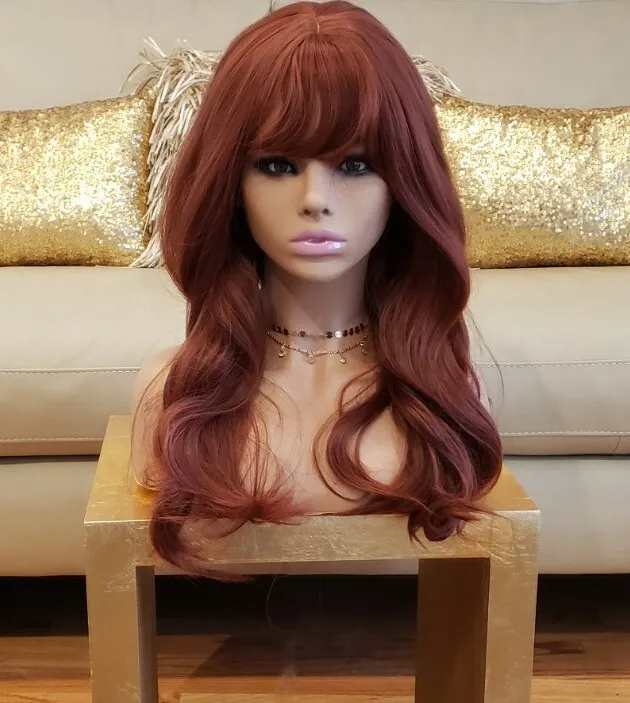 

US 24inch Cosplay wig with bangs Women Synthetic hair Fashion Daily use Wine Red