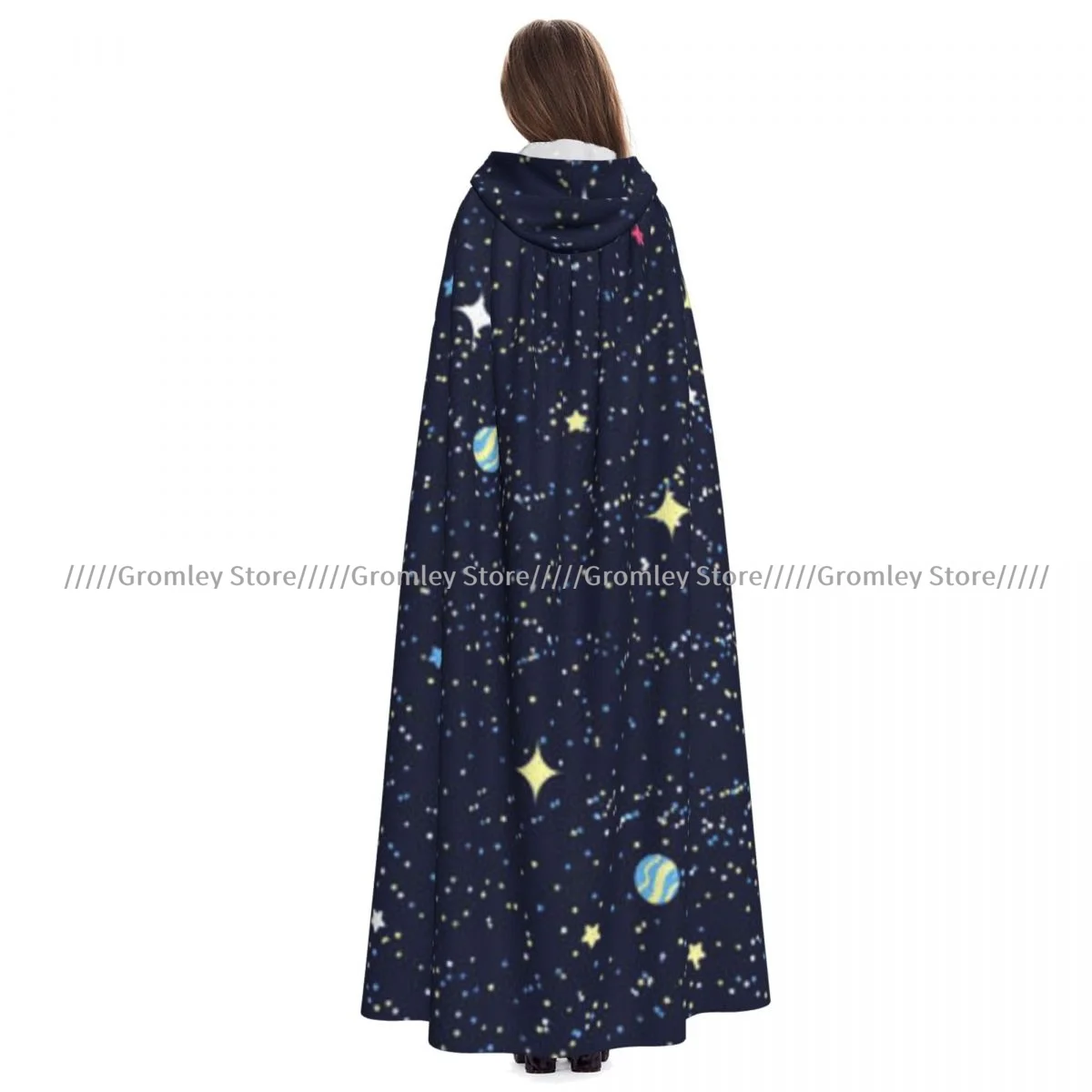 

Space Planets Rockets And Stars Cartoon Spaceship Witch Cloak Hooded Cosplay Costume Halloween Adult Long Party Cape