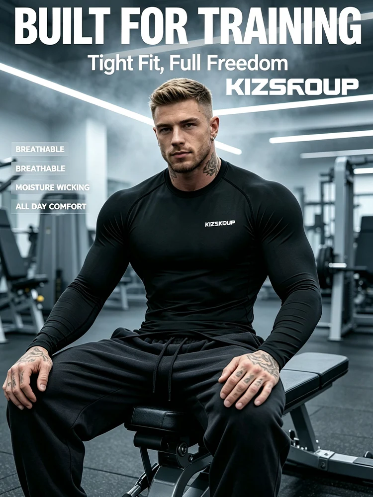 Men Compression Long Sleeve Shirt High Stretch Quick‑Dry Gym Workout Tops Undershirt Fitness Bodybuilding Base Layer Tee-J83