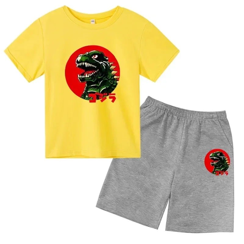 Boys Girls Kids Short Pants Cute Funny Monster Godzilla Leisure Summer Children Tracksuit Fashion Clothes Cotton T-shirt Sets