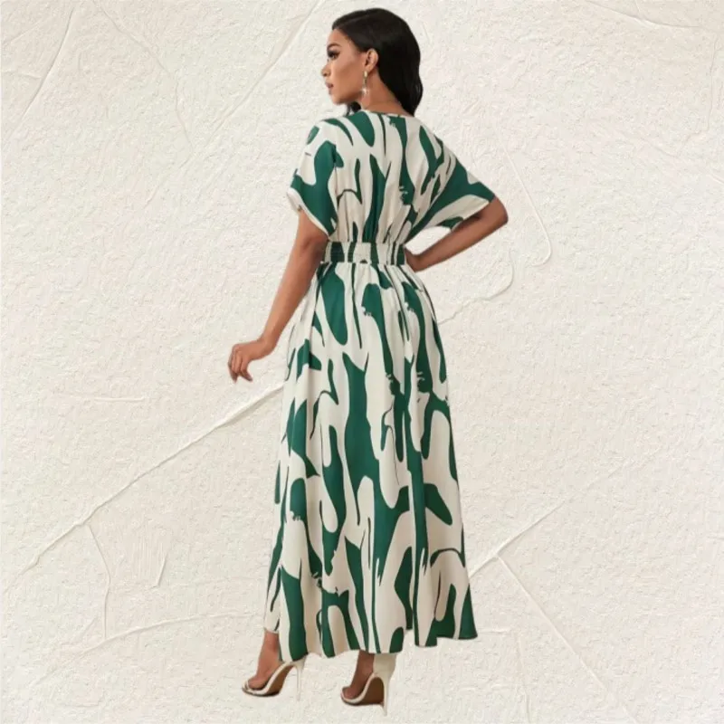 فستان أنيق صيفي موديل 2025 بطباعة هندسية ورقبة على شكل حرف v وخصر ملتصق وصل حديثًا بأكمام قصيرة على شكل حرف a فساتين طويلة بأسلوب بسيط