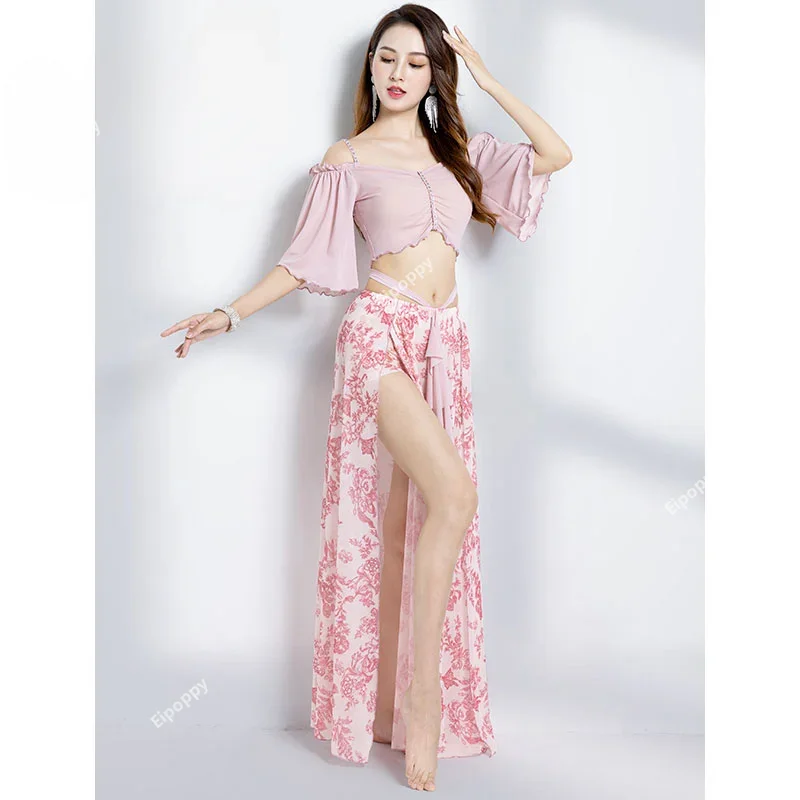 Costume da danza del ventre Abito da donna in 2 pezzi Set francese sexy elegante con maniche a volant Top sexy gonna con spacco laterale crema lunga Nuovo