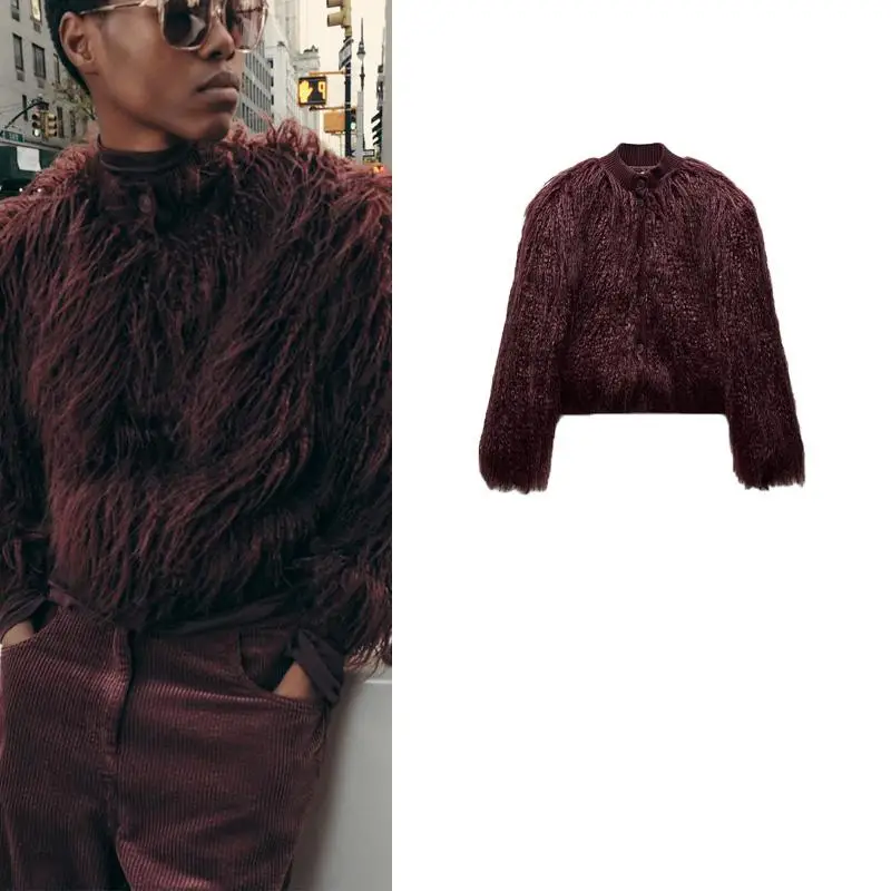 

Autumn Winter New Women's round Ne Long Sve Single Button Artificial Fur Effect Knitted Jaet Straight Cut ort Length