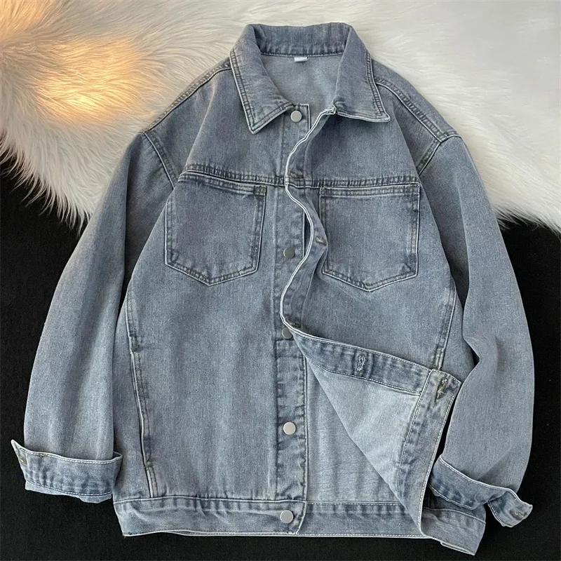 American High Street Retro Denim Jaet Men's Spring Autumn Workwear Jaet Loose Sle Korean Trendy Casual irt