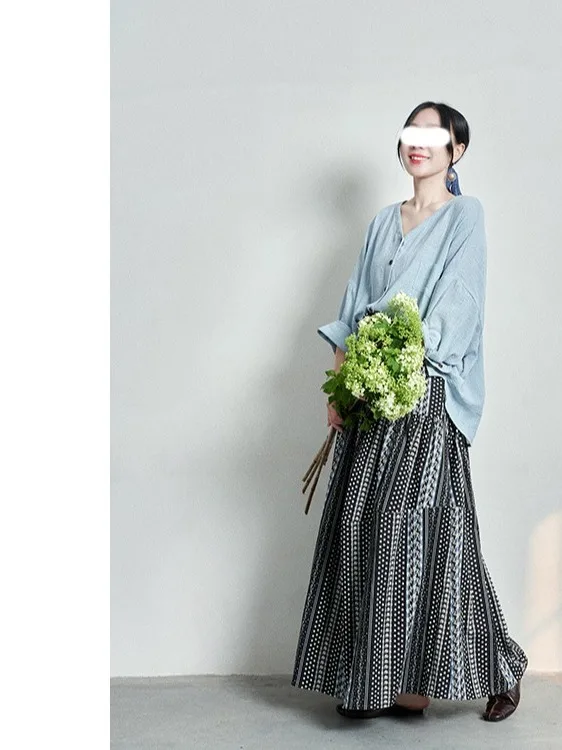 Lockerer bla bedruckter, schlankmachender F-Länge-Rock, A-Linie, hoch taillierter Midirock, altersregende, faionable Sommer-Neuankömmling