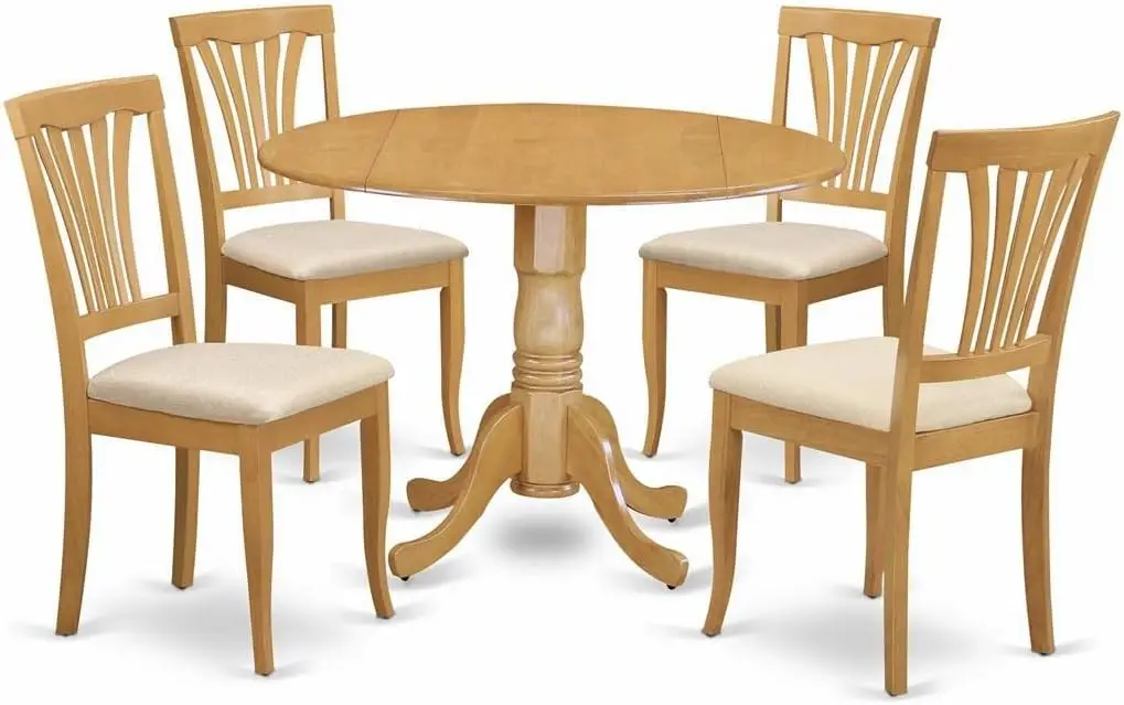 5 Piece Kitchen Table & Chairs Set Includes a Round Dining Table with Dropleaf and 4 Linen Fabric  , 42x42 Inch, Oak