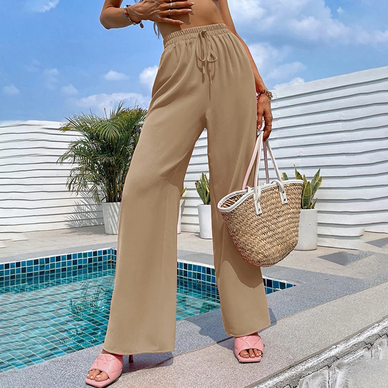 

Fashion New Khaki Drape Chiffon Pants Spring Summer Korean High Waist Loose Wide Leg Mopping Trousers Trend Women Pants Blue XL