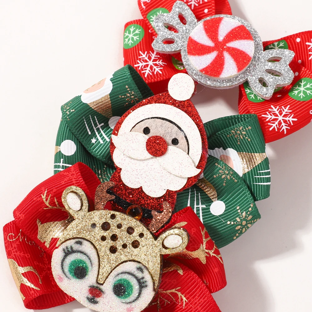 4 Stück Baby Mädchen Weihnachten Haarschleife Clips Glitzer Weihnachtsmann Elch Schleife Haarnadel Niedliche Kinder Kopfbedeckung Haarschmuck für DIY Weihnachten