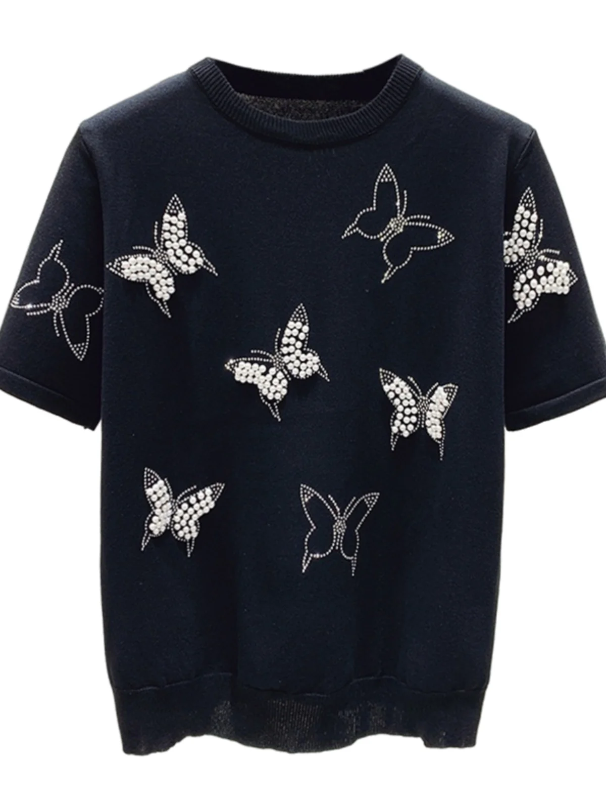 Été papillon clou perle pull T-shirt 2025 nouveau Design de luxe mode coréenne mince pull décontracté femmes à manches courtes Kni haut
