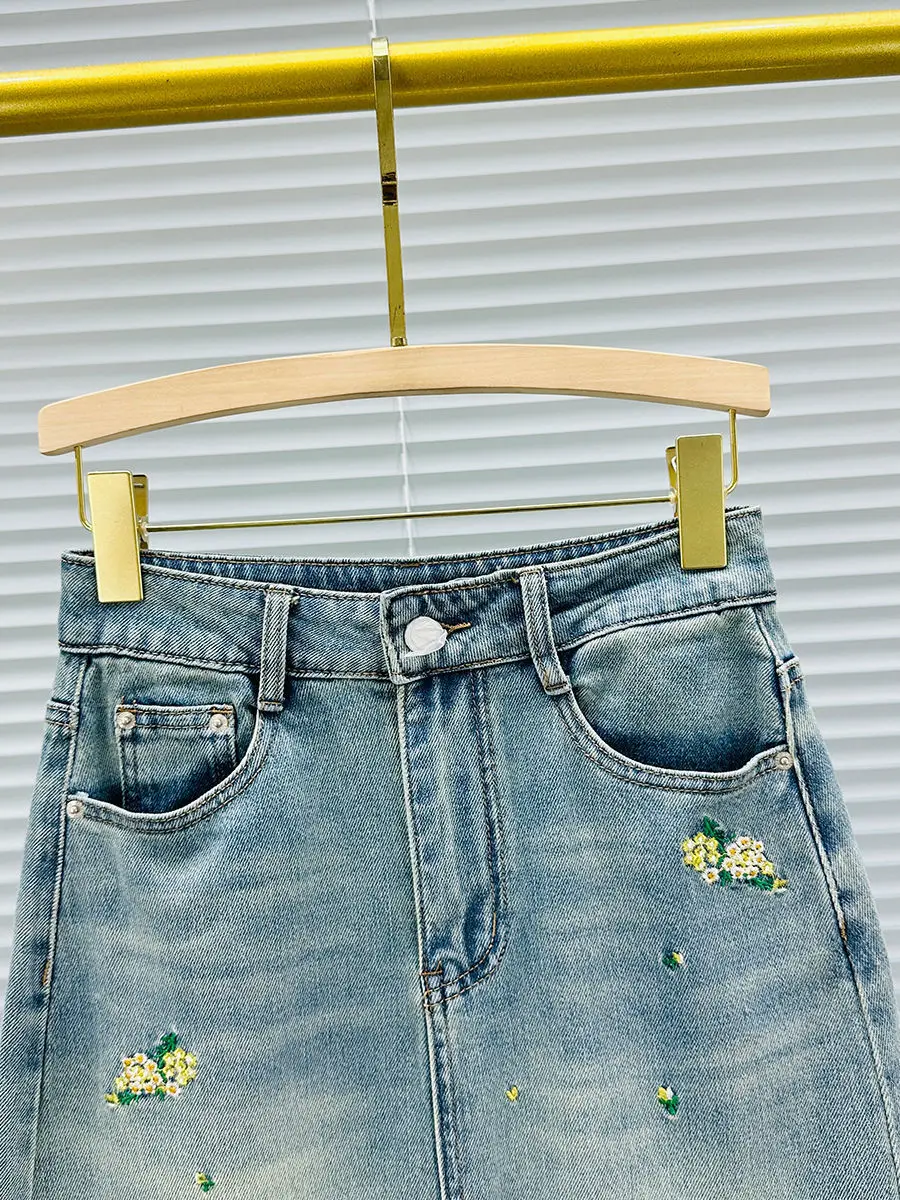 Denim Skirts Embroidery Split Female Vintage Fashion Clothing Casual Spring Summer High Waist A-Line Commute Zipper Midi Skirts