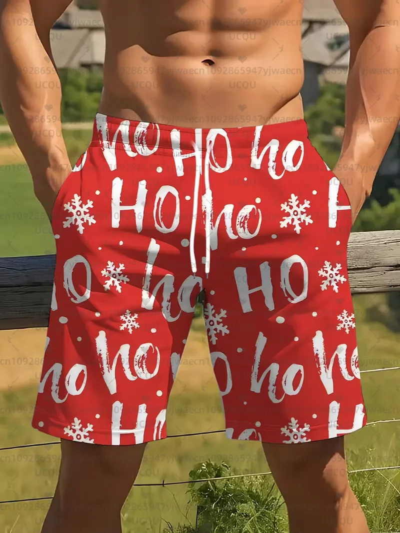الرجال عيد الميلاد سروال سباحة قصير الأحمر والأبيض ندفة الثلج وهولي طباعة سريعة الجافة بحر عطلة الصيف عطلة هاواي السراويل #5