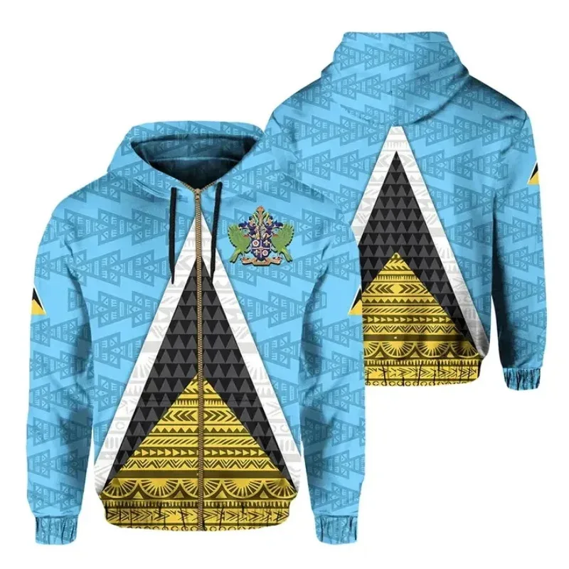 1 Piece Custom Your Picture Saint Lucia Flag Pattern Zip Hoodie For Men Women Spring Autumn Pullover Sweatshirt Mens Casual Plus