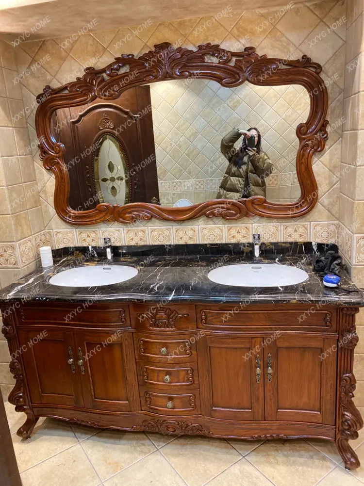 European Style Bathroom Cabinet Red Oak Antique Bathroom Cabinet Bathroom Solid Wood American Washstand Marble Wash Basin