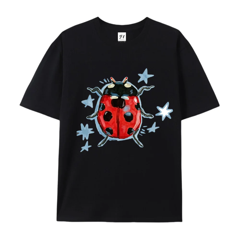 Watercolor Ladybug & Stars Graphic T‑Shirt Unisex Minimalist Funny Print Casual Short Sleeve Streetwear Tee Cute Aesthetic Gift