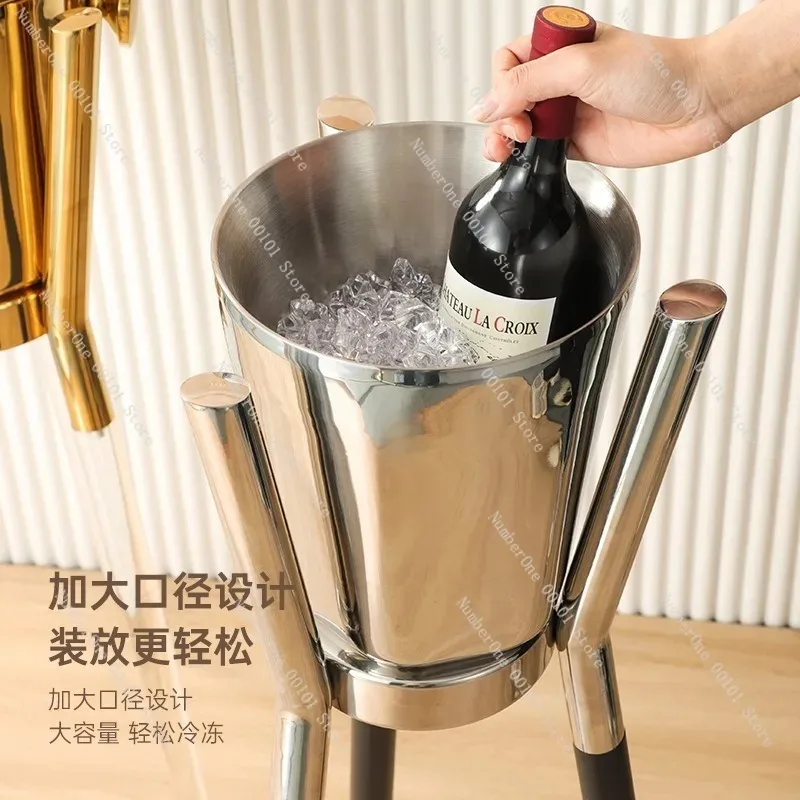 Elegant Stainless Steel Ice Bucket Set Large Capacity Champagne Bucket Floor Standing Luxury Wine Cooler with Rack Ice Cube