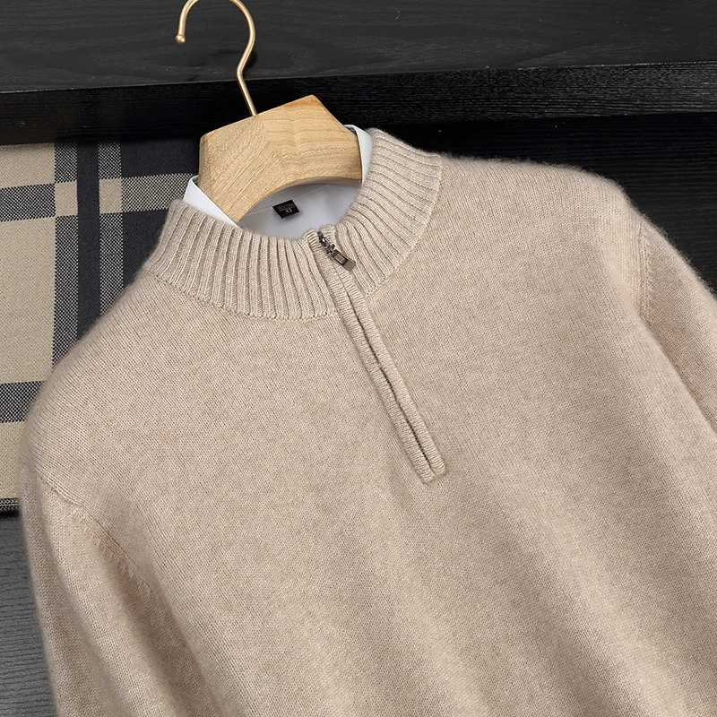 

Осень/зима, мужской пуловер из 100% кашемира, деловой повседневный однотонный вязаный свитер, свободный топ на молнии с высоким воротником, толстый джемпер