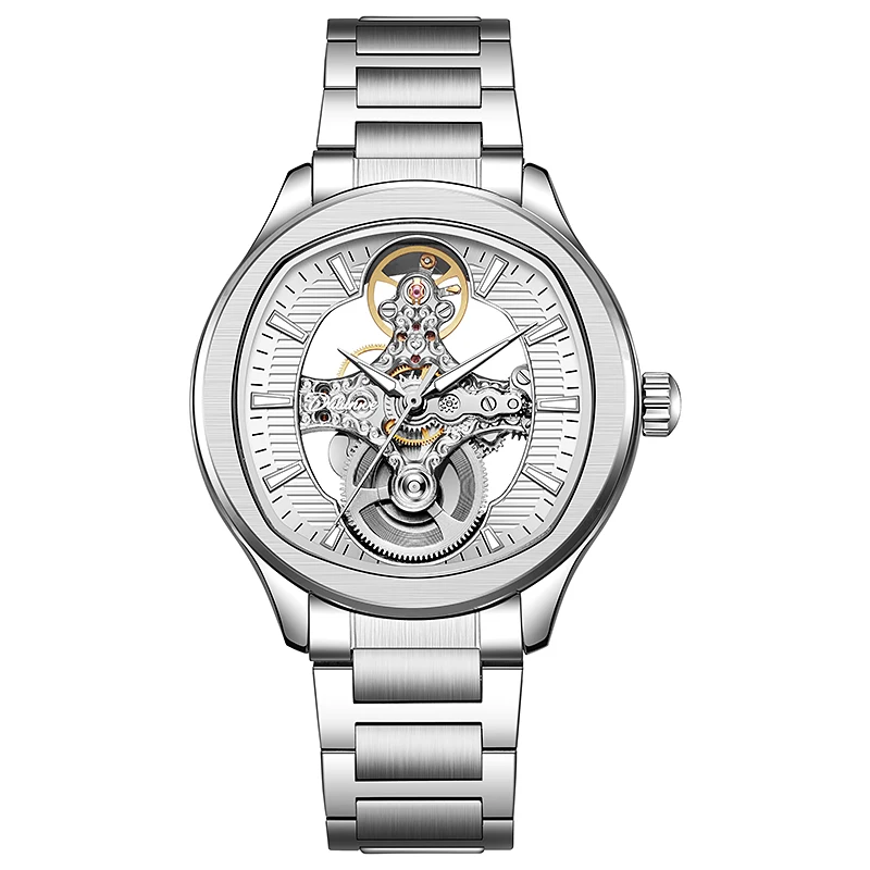 

Dulunwe мужские автоматические механические часы с корпусом из сплава, силиконовый ремешок, скелетонизированный циферблат, водонепроницаемые спортивные наручные часы