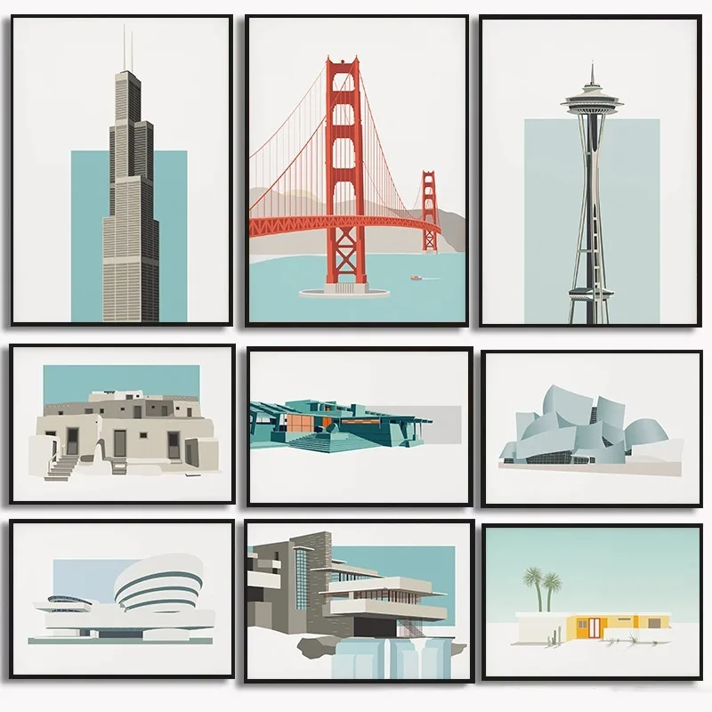 Современный минималистичный постер с архитектурой, городской пейзаж, настенный художественный подарок, Золотые ворота, мост, Чикаго, небоскрепы, прибрежный концертный зал