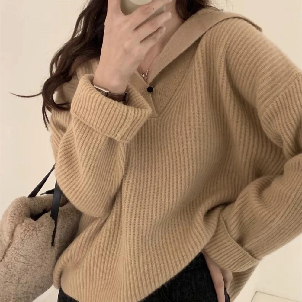 

Lapel Short Knit Pullovers Women Fall Winter Thickening Korean Casual Loose Long Sleeve Sweater Tops 5 Colors