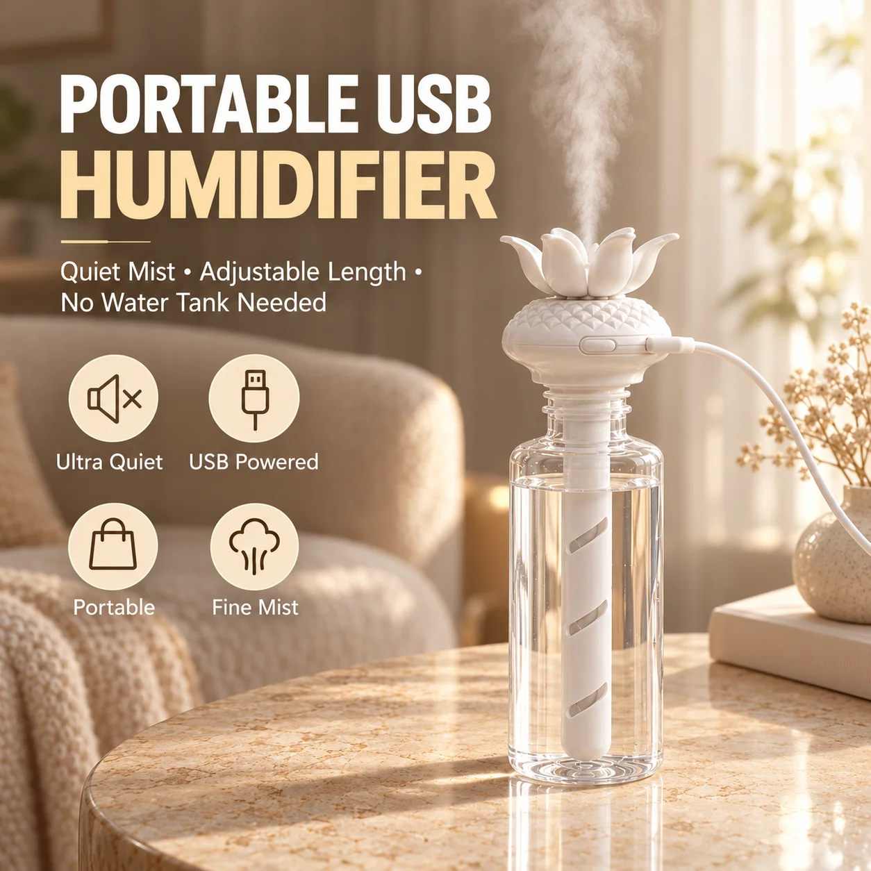 Portable USB Humidifier Adjustable Length Mini Quiet Mist Humidifier for Office Bedroom Car Travel Bottle Cup Air Humidifier 5V