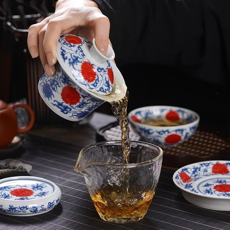 Blue and White Glazed Red Interlock Branch Gaiwan Jingdezhen Non-Scald Tea Making Household Porcelain Kung Fu Set