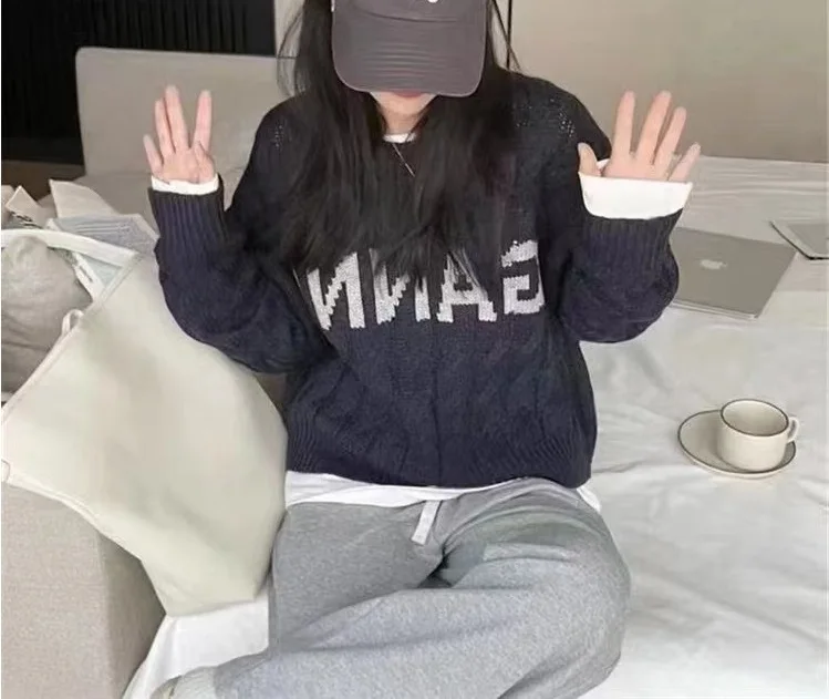 Korean New Fried Dough Twists Letter Long Sleeve Pullover Knits 2023 Spring Autumn Winter Short Sweaters Wear Women Inside